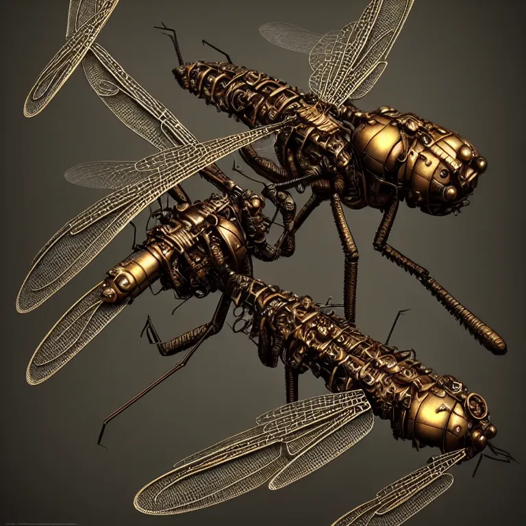 Prompt: steampunk robot dragonflies, 3 d model, unreal engine realistic render, 8 k, micro detail, intricate, elegant, highly detailed, centered, digital painting, artstation, smooth, sharp focus, illustration, artgerm, tomasz alen kopera, wlop