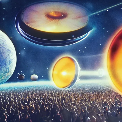 Image similar to the beatles playing a concert on jupiter to a crowd of aliens. photograph 8 k cinematic colored