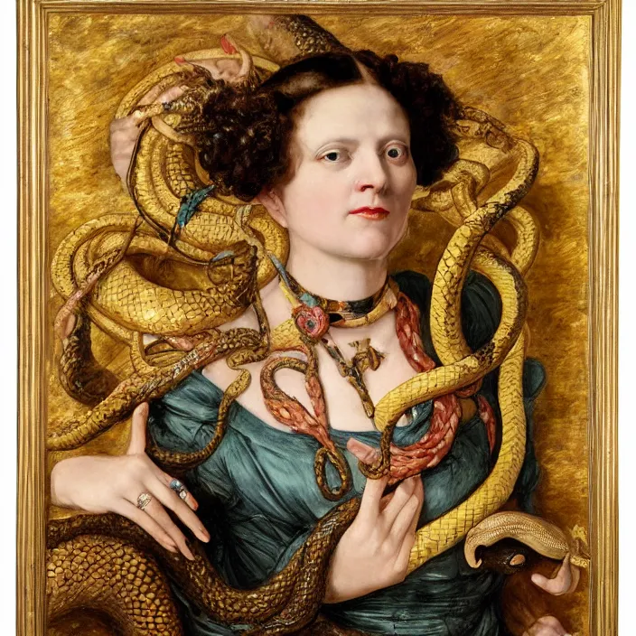 Prompt: portrait of a woman with horns and a snake around her neck, her eyes made of colorful smoke, full-length, oil painting in a renaissance style , very detailed, gold background, painted by William Clarke Wontner.