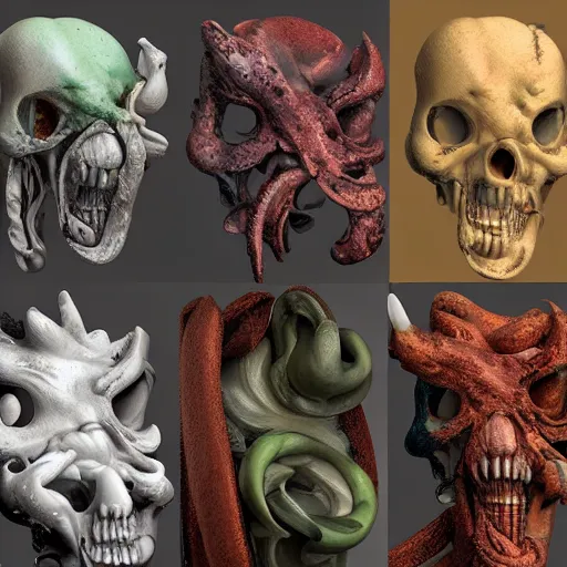 Prompt: a close up of a bunch of different items, an ambient occlusion render by alberto seveso, zbrush central, vanitas, lovecraftian, biomorphic, rendered in cinema 4 d