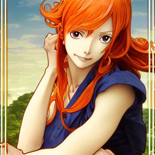 Image similar to intricately detailed vfx portrait of nami from one piece by eiichiro oda, makoto shinkai, alphonse mucha, art by artgerm and greg rutkowski, best of behance, concept art, matte, sharp focus, orange hair, elegant, adolphe bouguereau, annie leibovitz, stanley kubrick, johannes vermeer, hdr,