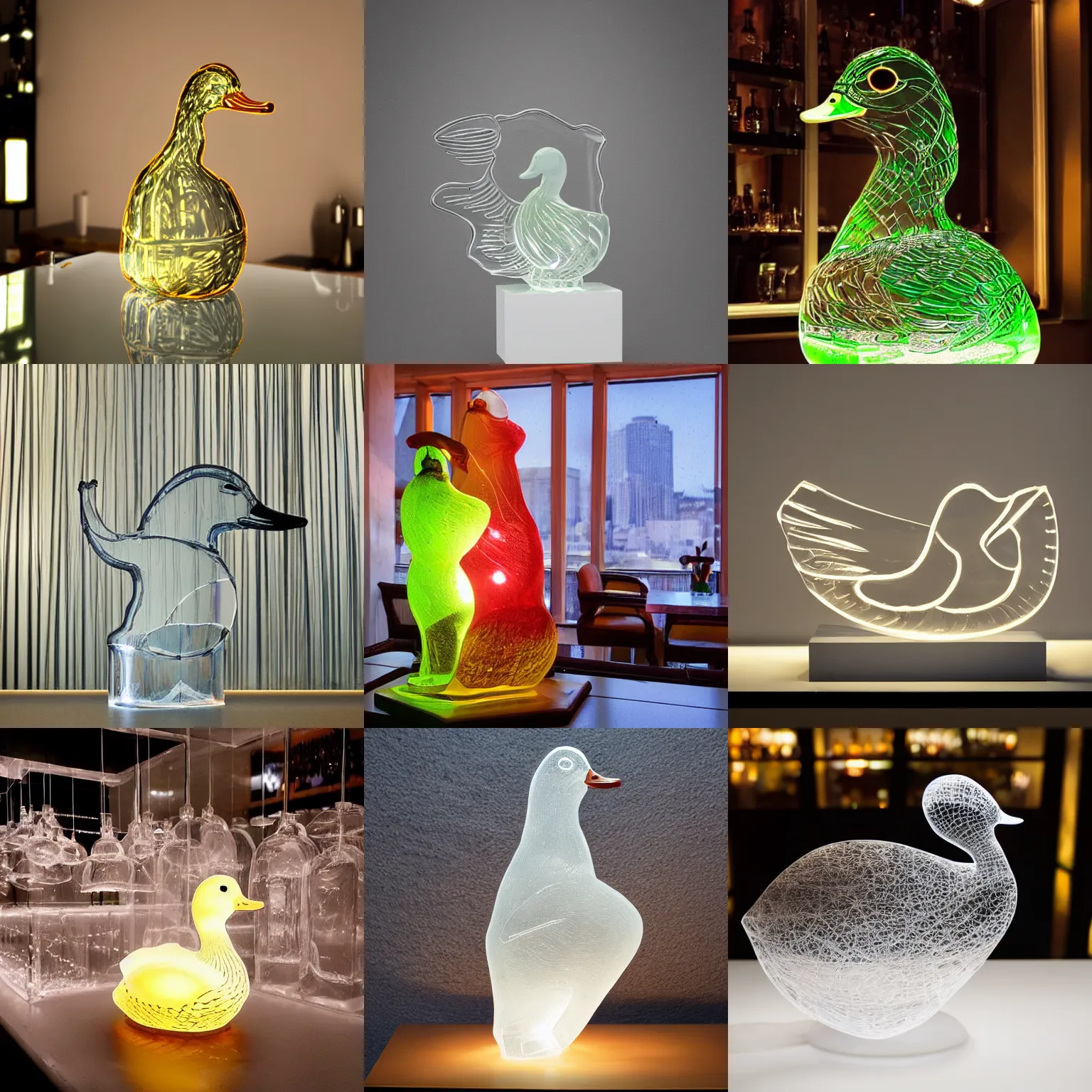 Prompt: real photo of a transparent unlighted duck sculpture made of glass in a crowded bar, trending on artstation