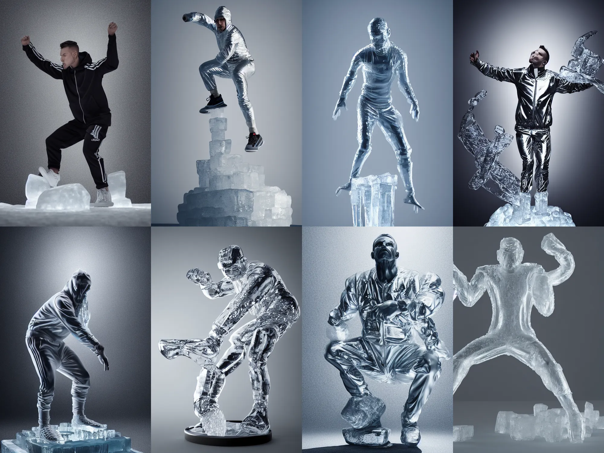 Prompt: Ice sculpture of squatting man in Adidas tracksuit, shiny, ultra realistic render, 4k, studio lighting, octane render, cold mist