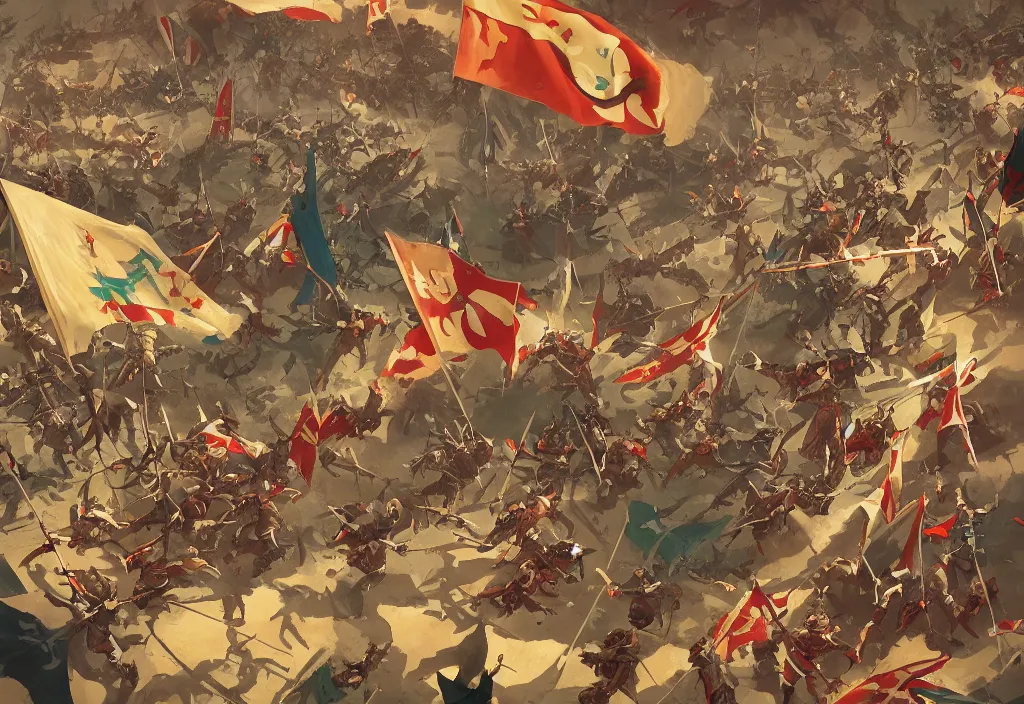 Image similar to handmade illustration of a small medieval battle, banners and flags, arrows, line art, ink, watercolor by Kilian Eng and by Jake Parker, winning-award masterpiece, fantastic, octane render, 8K HD Resolution, High quality image