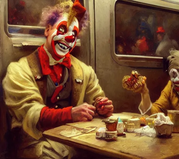 Image similar to a clown selling goodies on the train, highly detailed painting by gaston bussiere, craig mullins, j. c. leyendecker 8 k