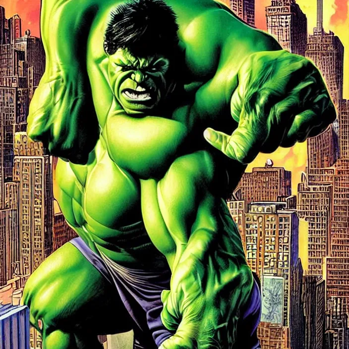 Image similar to a portrait of the incredible hulk looking angry in new york city by joe jusko, simone bianchi and alex ross dramatic lighting.