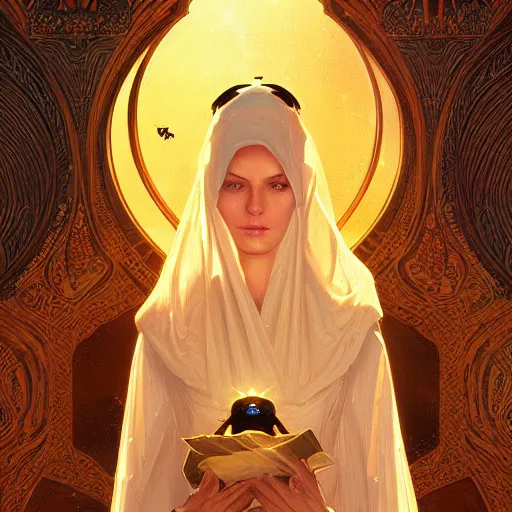 Image similar to portrait, female bene gesserit, bee keeper, d & d, fantasy, intricate, elegant, highly detailed, digital painting, artstation, concept art, matte, sharp focus, illustration, art by artgerm and greg rutkowski and alphonse mucha