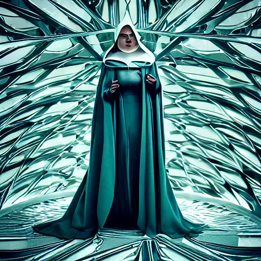 Image similar to Fashion photography of a woman wearing a futuristic outfit inspired by The Handmaid’s Tale (2017), intricate, artistic photography, cinematic lighting, insanely detailed, cinestill 800t, Vogue magazine