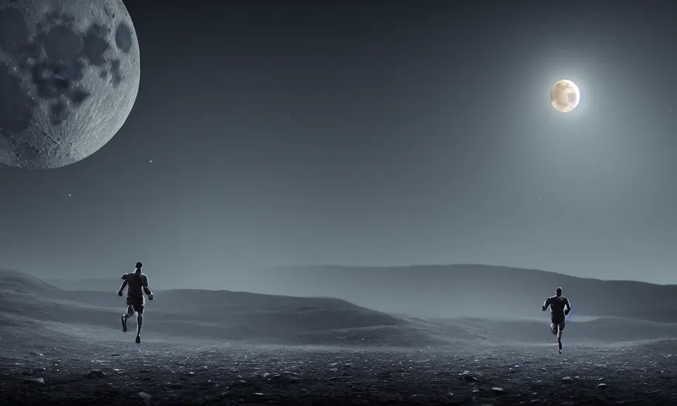 Prompt: a man running alone beneath the gaint moon toward the distant door,featured in artstation, cinematic, elegant, 8k