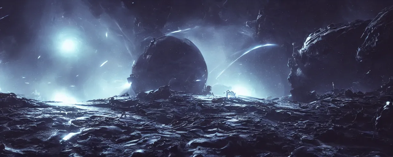 Image similar to a highly detailed dark epic swirling galaxy, space scene, dark scifi, unreal engine, octane render, detailed and intricate, global illumination, volumetric lighting