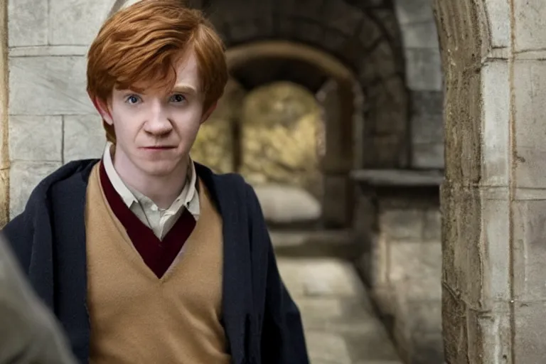 Image similar to film still Freddy Highmore as Ron Weasley wearing hogwarts uniform in Harry Potter movie