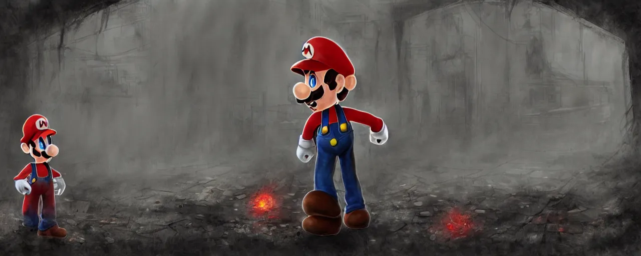 Image similar to concept art of mario from super mario bros lost in silent hill, resident evil, horror, occult, terror, mist, volumetric render, digital painting, detailed painting