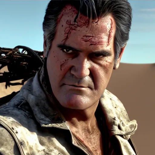 Prompt: Bruce Campbell in mad max fury, HD, 4k, high resolution, intricate detail, realistic