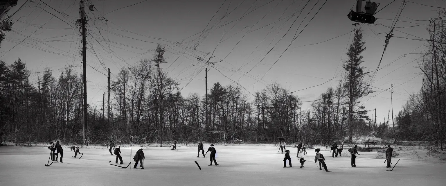 Image similar to detailed sharp photograph in the style of popular science circa 1 9 5 5 and gregory crewdson of an hockey game