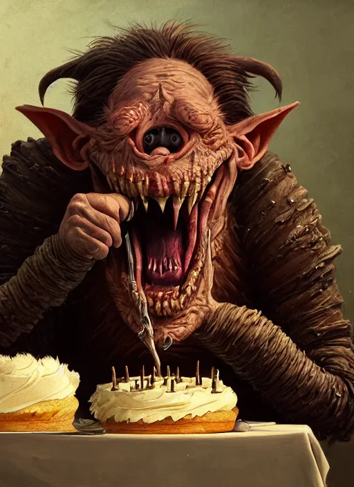 Image similar to highly detailed closeup portrait of a medieval goblin eating cakes, stephen bliss, unreal engine, greg rutkowski, ilya kuvshinov, ross draws, hyung tae and frank frazetta, tom bagshaw, tom whalen, nicoletta ceccoli, mark ryden, earl norem, global illumination, god rays, detailed and intricate environment