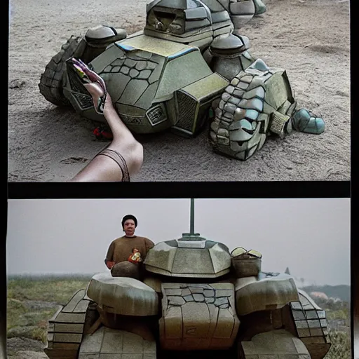 Image similar to giant oversized chubby battle armored turtle robot mech, with a big turtle shell, Cinematic focus, Polaroid photo, vintage, neutral colors, soft lights, foggy, panorama by Steve Hanks, by Serov Valentin, by lisa yuskavage, by Andrei Tarkovsky