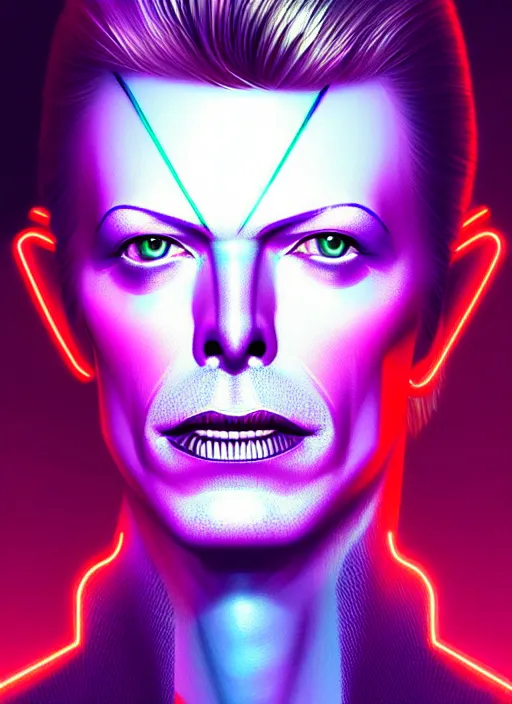 Prompt: portrait of david bowie cyber humanoid, intricate, elegant, cyber neon lights, highly detailed, digital painting, artstation, glamor pose, concept art, smooth, sharp focus, illustration, art by artgerm and greg rutkowski