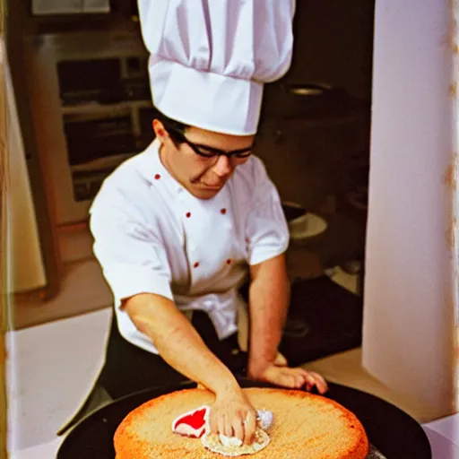 Image similar to a chef cat baking a cake 8 mm creepy photography lomo