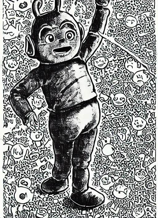 Prompt: tinky winky the teletubbie, full body, pen-and-ink illustration, etching, by Russ Nicholson, DAvid A Trampier, larry elmore, 1981, HQ scan, intricate details, Monster Manula, Fiend Folio