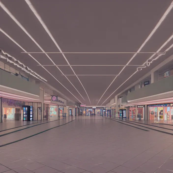 Prompt: vaporwave 7 0 s dreamy empty empty shopping mall, highly detailed, 3 d render, vray, octane, realistic lighting, photorealistic