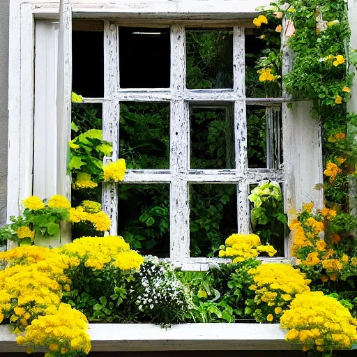 Prompt: “A painting of a pretty garden with yellow flowers in pots on a bench, a basket of flowers on the ground, a vase with more flowers, and in the centre, there's a window. On the sill is another planter with flowers and above the window is a spectacular array of hanging plants. In front of the window, propped up against the sill is an old pushbike”