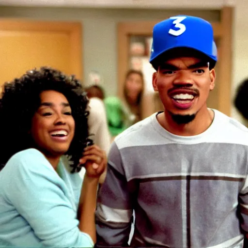 Image similar to a tv still of Chance The Rapper starring as a black college student at Jones College Prep in a 1993 sitcom