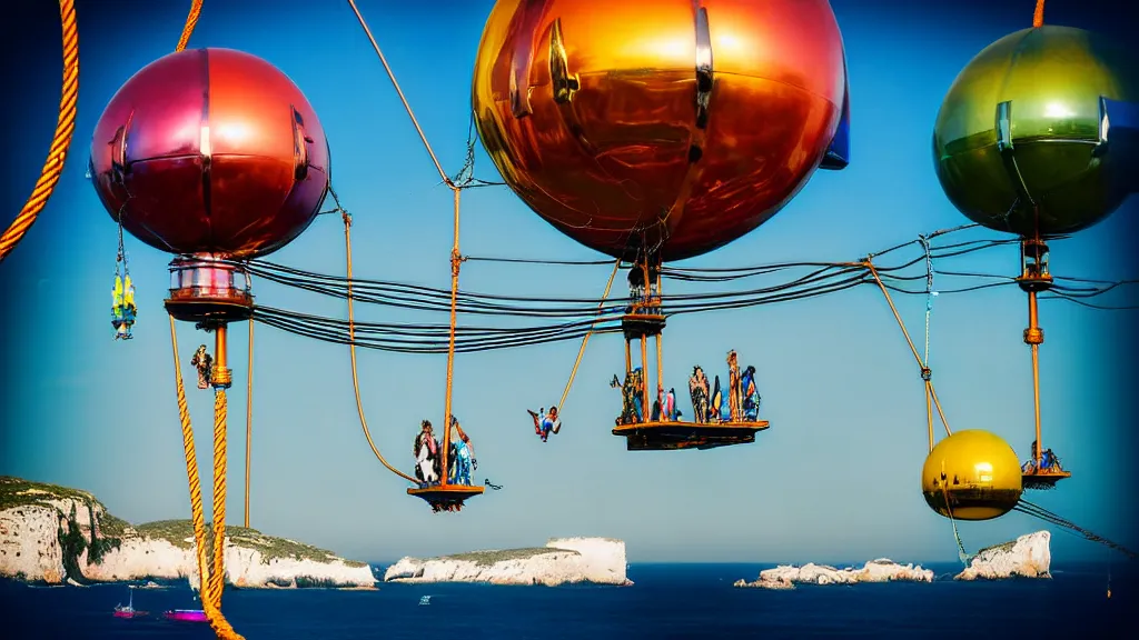 Image similar to large colorful futuristic space age metallic steampunk steam - powered balloons with pipework and electrical wiring around the outside, and people on rope swings underneath, flying high over the beautiful ibiza landscape, professional photography, 8 0 mm telephoto lens, realistic, detailed, photorealistic, photojournalism