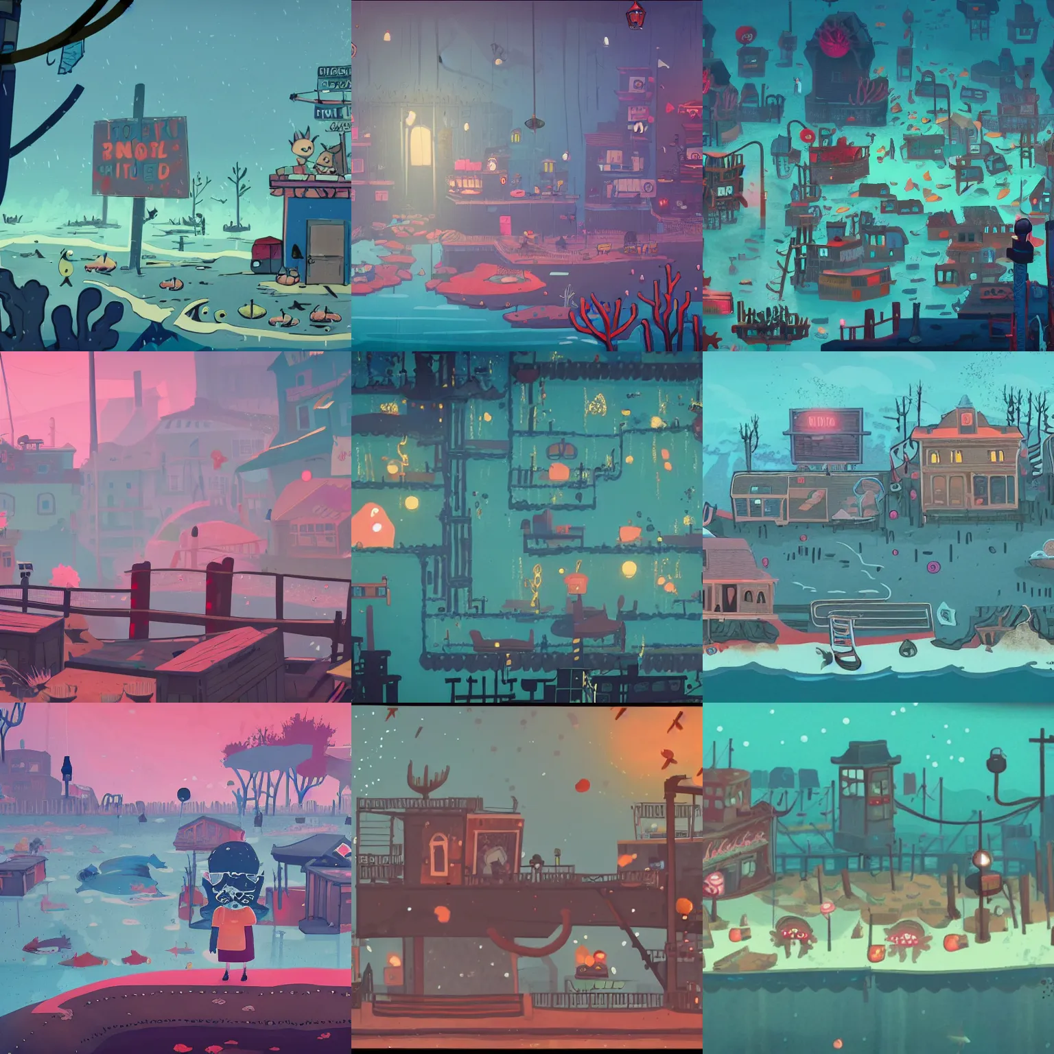 Prompt: a dreary apocalyptic underwater crowded seaside town covered in coral and fish in the style of night in the woods the video game