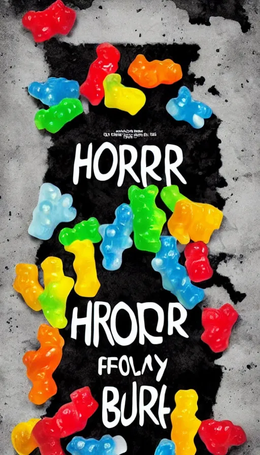 Image similar to poster for horror movie about gummy bears with text “Gummy Bear”