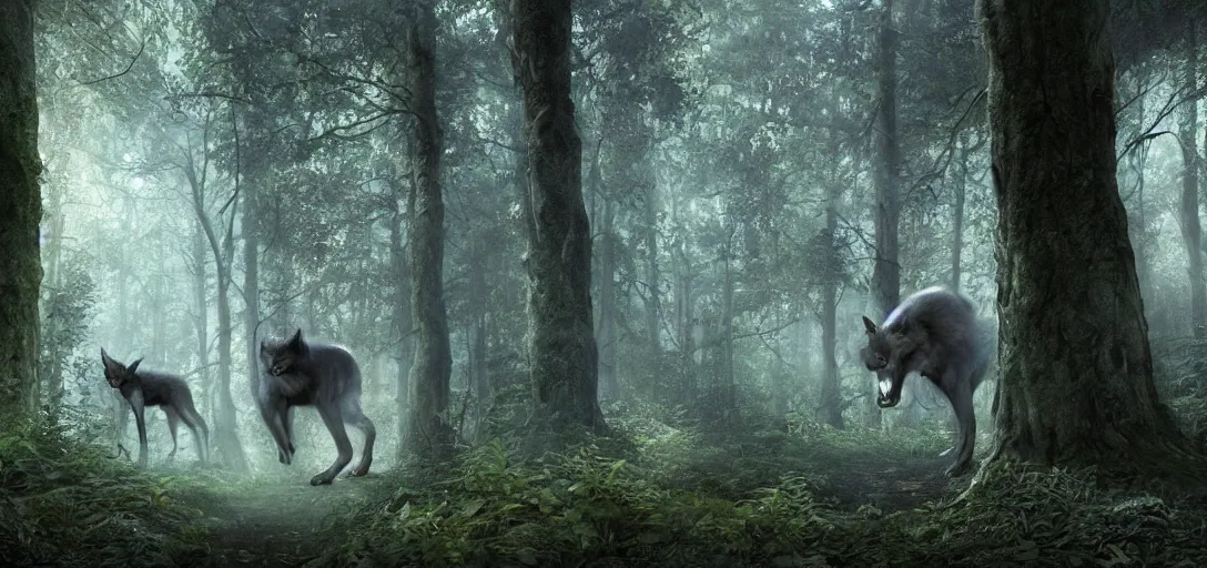 Image similar to A beautiful hyper realistic ultra detailed lifelike matte painting of a skinwalker transformation in a forest, unreal engine, deviantart, flickr, artstation, octane render, textured, colorful, extreme realistic detail, physically based rendering, pbr render, very detailed, volumetric lighting, detailed lighting, octane render, 4k, cinematic lighting, 8k resolution