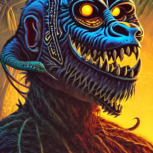 Image similar to side profile of barong family member, wiwek, mara demon, one single tribe member, jungle, one single mask, dark, ancient warrior, gorilla, lizard, tribal, inner glow, art by dan mumford and justin gerard