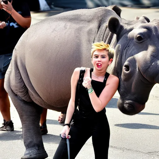 Image similar to Miley Cyrus with a hippo, paparazzi, photography, street, high quality, tmz,