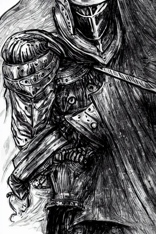 Image similar to Elon Musk as a knight in the style of Berserk, by Kentaro Miura