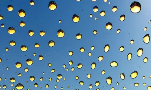 Image similar to beautiful picture of a sunny blue sky with a magical vertical cylindrical tunnel of big upside-down raindrops floating quietly