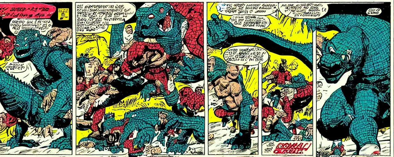 Prompt: godzilla dunking on shaq, marvel comic 1 9 6 0's style, comic strip