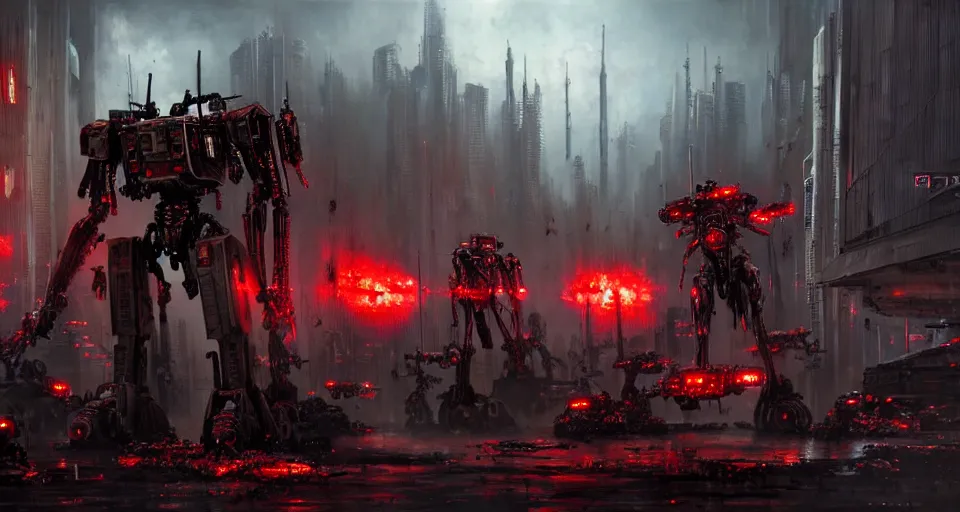 Image similar to bloody - zombie - flesh - battlemech, in a cyberpunk gothic city hyper realistic sci - fi matte concept art painting of dramatic cinematic scene, guns, missiles, explosions, beautiful details, strong composition painted by kim jung guweta studio rutkowski, james gurney and greg rutkowski, and lucasfilm, smooth, intricate, detailed, sharp focus, cinematic