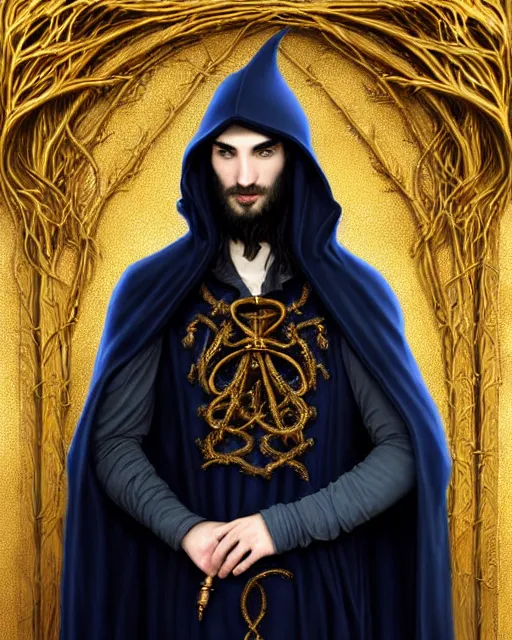 Prompt: wizard tom sturridge, long black hair blue eyes young face wearing cloth mantle gothic navy cloak with gold details, tree town, fantasy character portrait, ultra realistic, intricate, elegant, cinematic lighting, highly detailed, digital painting, artstation, smooth, sharp, focus, illustration, art by artgerm and greg rutkowski and alphonse mucha