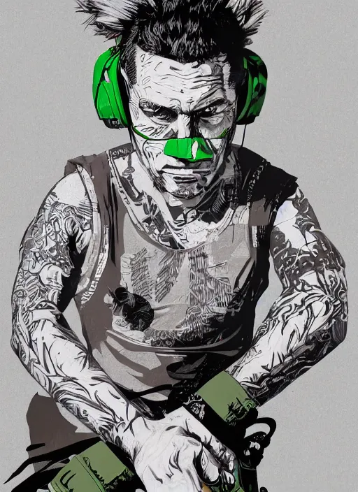 Prompt: portrait of a man with gray and green mohawk wearing a gray headset and brown tank top, gray and green mohawk, gray headset, brown tank top. art by martin ansin, martin ansin artwork. portrait.