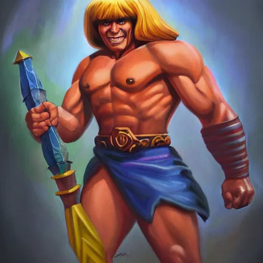 Image similar to portrait painting of he - man in style of kenne gregoire, 4 k,, highly detailed, epic lighting