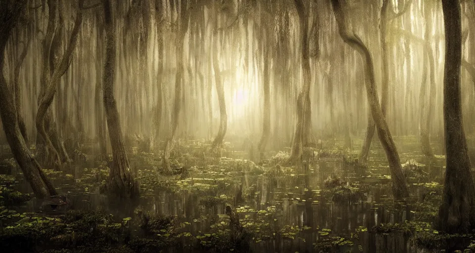 Prompt: A dense and dark enchanted forest with a swamp, by Jesper Esjing