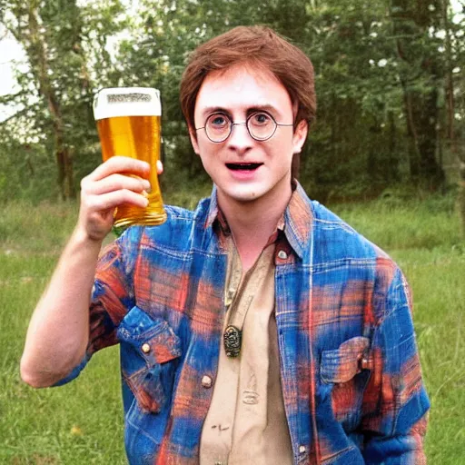 Prompt: country bumpkin harry potter drinking a beer, old pickup, beat up shirt