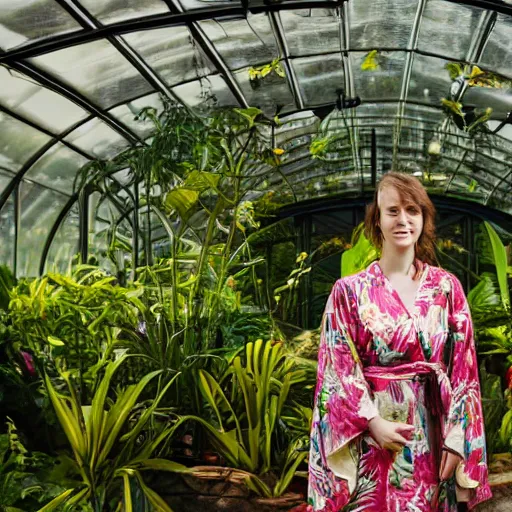 Image similar to medium photo portrait of a young european woman wearing a yellow kimono in a tropical greenhouse