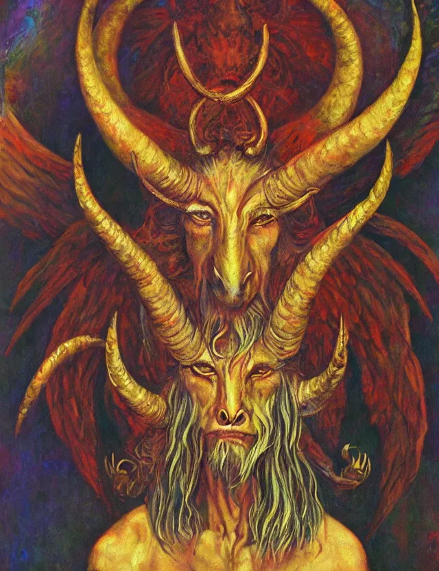 Image similar to the ancient god Baphomet, horned god of wisdom gnostic mystery religion, oil painting (beautiful) by Brom, chromatic aberration strange colors