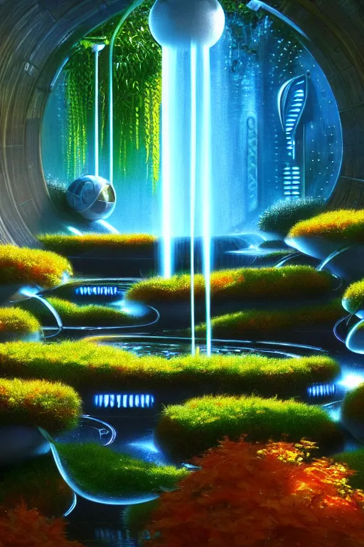 Image similar to futuristic garden glowing in autumn, marble fountains, small waterfalls, ecosystem, electronic bumblebees, 1 9 8 0 s science fiction, 1 9 7 0 s science fiction, alien 1 9 7 9, cyberpunk, 3 d oil painting, depth perception, 4 k, artstation