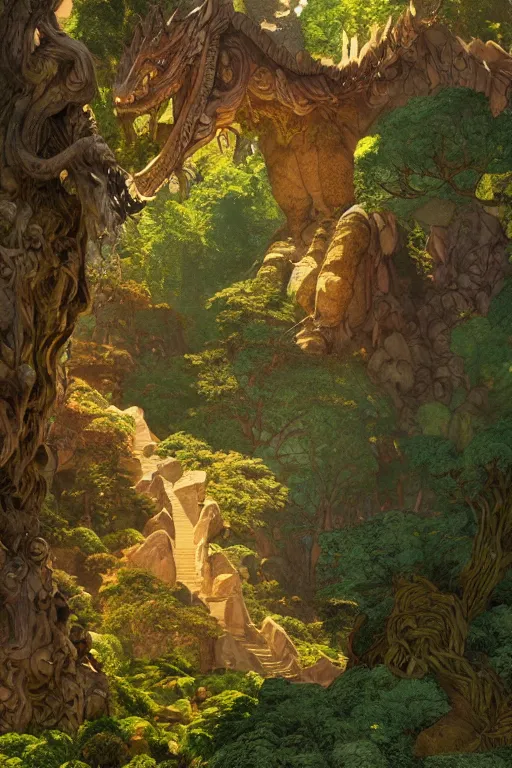 Image similar to giant stone dragon in a forest clearing | by Edmund Dulac and Maxfield Parrish | ornate carved stone | inlaid gems | climbing vines| ancient artifact | rich color | dramatic cinematic lighting | golden hour| featured on Artstation | cgsociety | unreal engine
