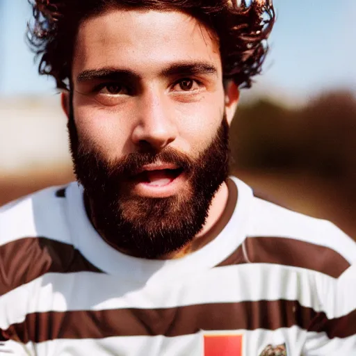 Image similar to realistic photoshoot for a new soccer player, bearded, short hair, brown eyes, maniacal smile, color film photography, portrait of a beautiful person, in style of Campbell Addy, 35mm