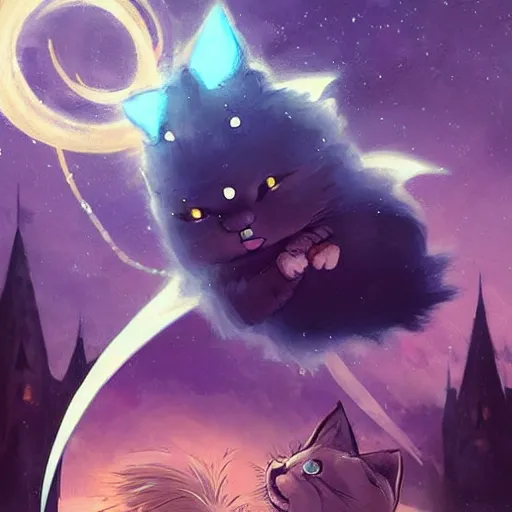 Image similar to cartoonish kitten wearing a wizard cat and a fake beard floating in space, bright stars, anime, a fantasy digital painting by Greg Rutkowski and James Gurney, trending on Artstation, highly detailed