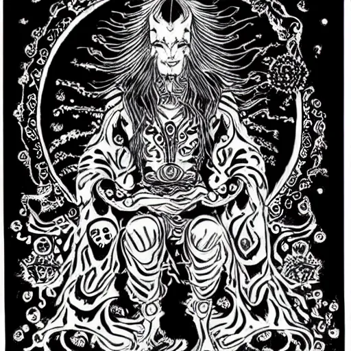 Image similar to black and white pen and ink!!!!!!! Suprani!!!!! wizard Nick Drake wearing High Royal flower print robes flaming!!!! final form flowing ritual royal!!! Contemplative stance Vagabond!!!!!!!! floating magic swordsman!!!! glides through a beautiful!!!!!!! Camellia!!!! Tsubaki!!! death-flower!!!! battlefield behind!!!! dramatic esoteric!!!!!! Long hair flowing dancing illustrated in high detail!!!!!!!! by Hiroya Oku!!!!!!!!! graphic novel published on 2049 award winning!!!! full body portrait!!!!! action exposition manga panel black and white Shonen Jump issue by David Lynch eraserhead and beautiful line art Hirohiko Araki!! Frank Miller, Kentaro Miura!, Jojo's Bizzare Adventure!!!! 3 sequential art golden ratio technical perspective panels horizontal per page