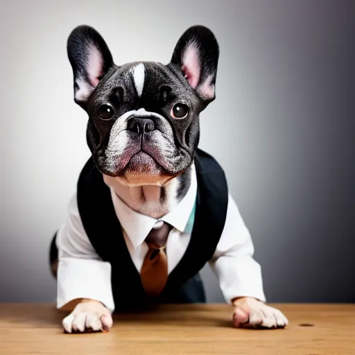 Image similar to french bulldog wearing businessman attire, studio lighting