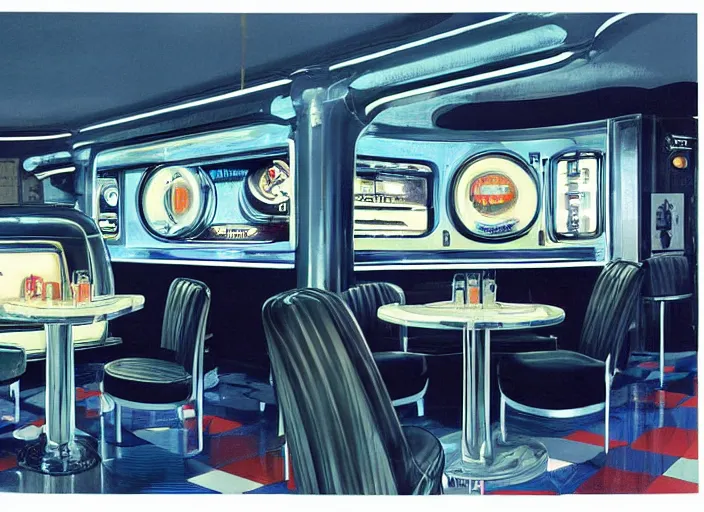 Prompt: diner, 1950s,jukebox,8K, by syd mead